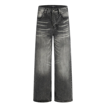 Washed and ground white denim straight leg pants