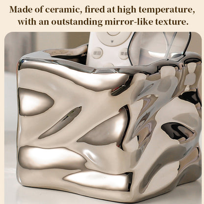 Ceramic Wavy Makeup Brush Holder - Dual-Use Minimalist Storage Jar for Vanity & Office Desk Organizer