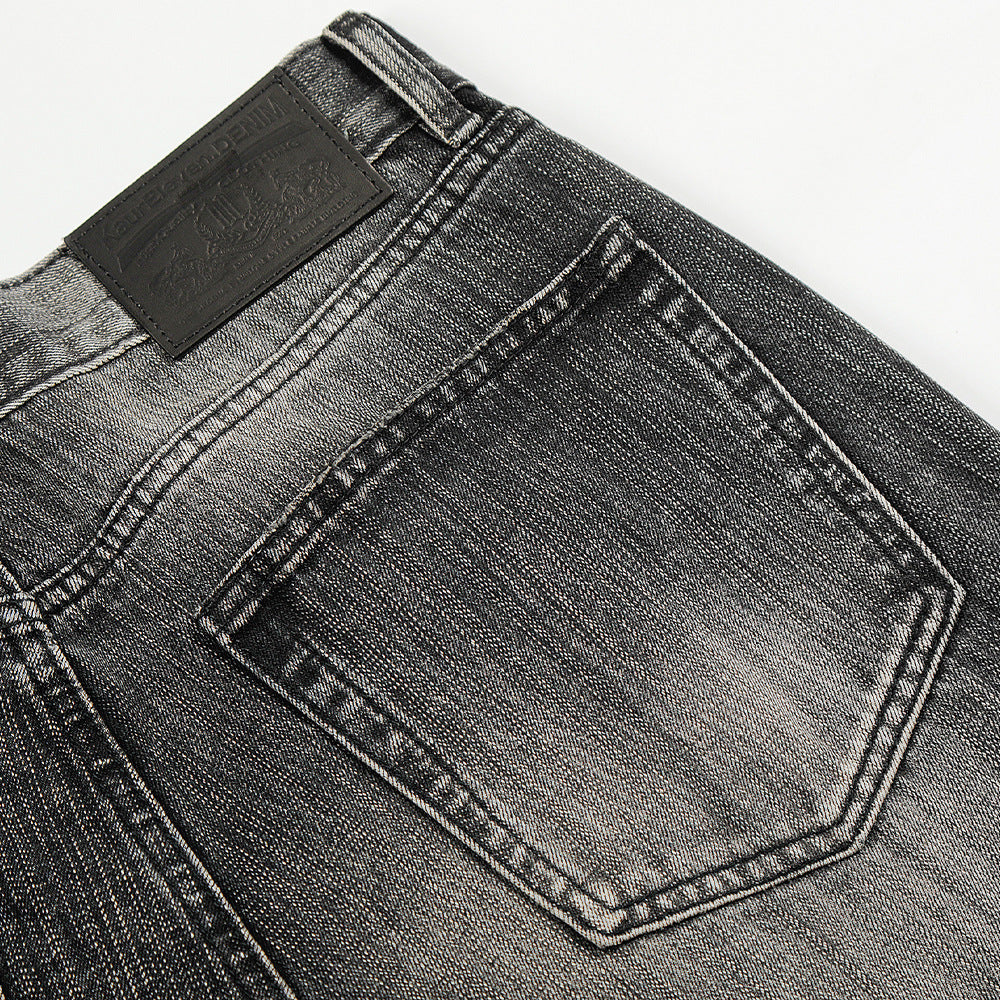 Washed and ground white denim straight leg pants