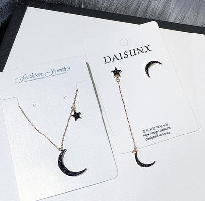 Black Diamond Star Moon Necklace & Asymmetrical Earrings