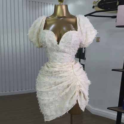 V-neck Bubble Sleeve High Waist Short Dress
