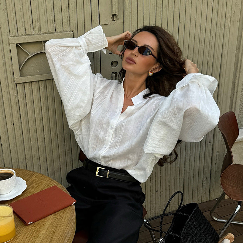 Loose  Stand Collar Lantern Sleeve Long Sleeve Shirt Women's Top