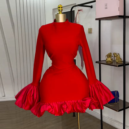 High-Neck Flared Sleeve High-Waisted Ruffle Fit-and-Flare Dress for Women