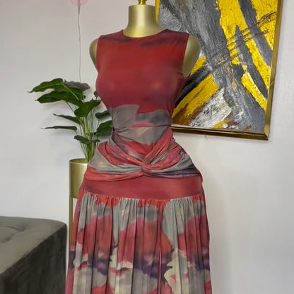 Round Neck High Waist Split Midi Dress