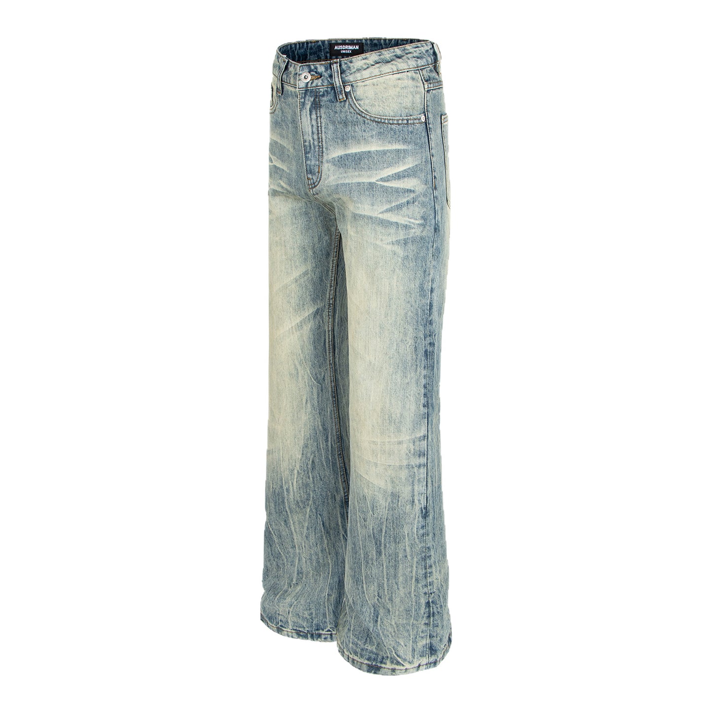 Washed Vintage Catwhisker Denim Pants with Lightning Pattern