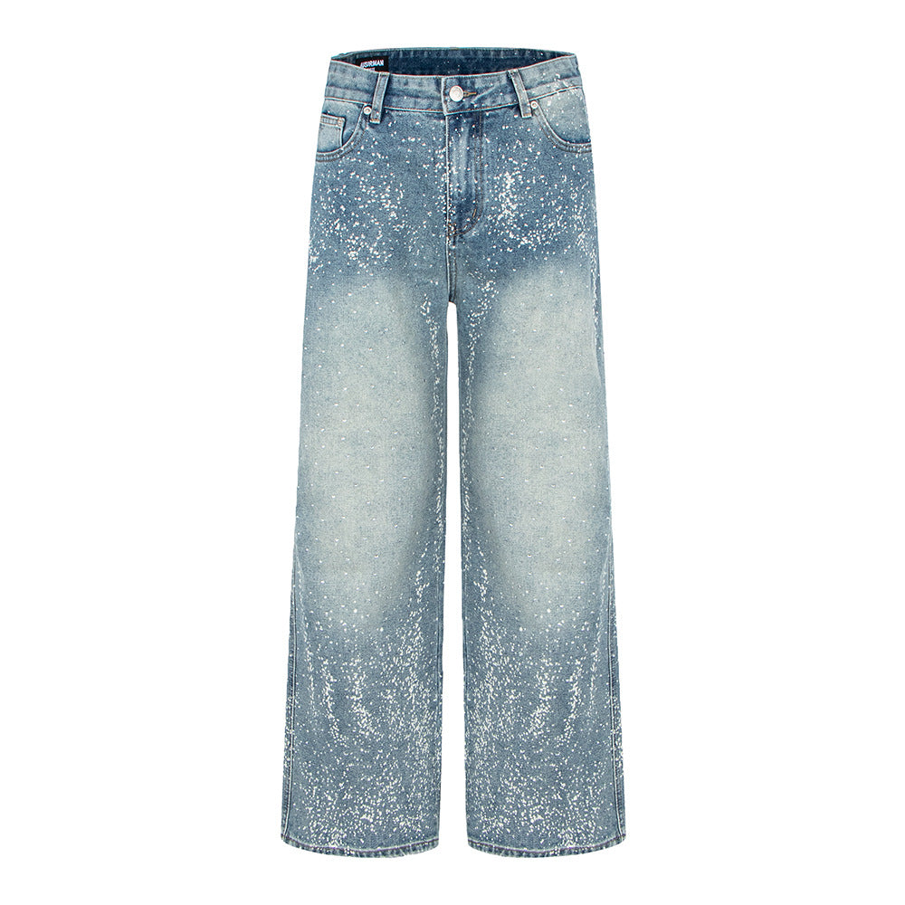 Starry Sky Painted Design Denim Pants with Rhinestones