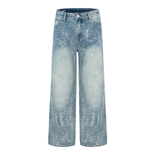 Starry Sky Painted Design Denim Pants with Rhinestones
