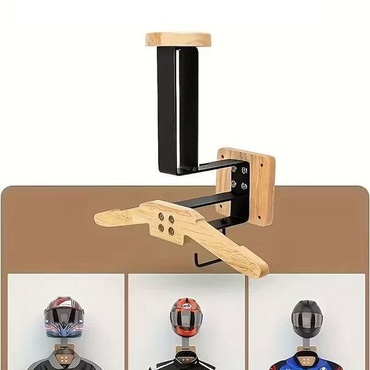 Wooden Motorcycle Helmet Wall Hanger - Stainless Steel Wall Mount for Storing Tactical Gear & Bike Accessories