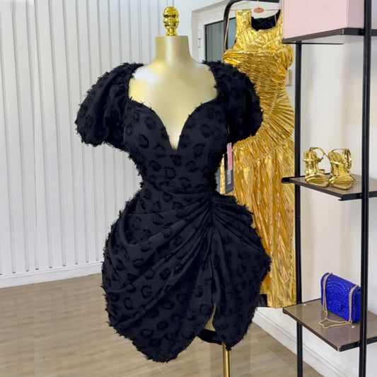 V-neck Bubble Sleeve High Waist Short Dress