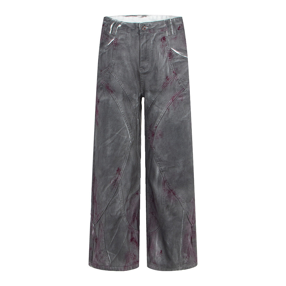 Distressed Dyed Denim Jeans, Trendy Brand, Loose Straight Leg Wide Leg Pants