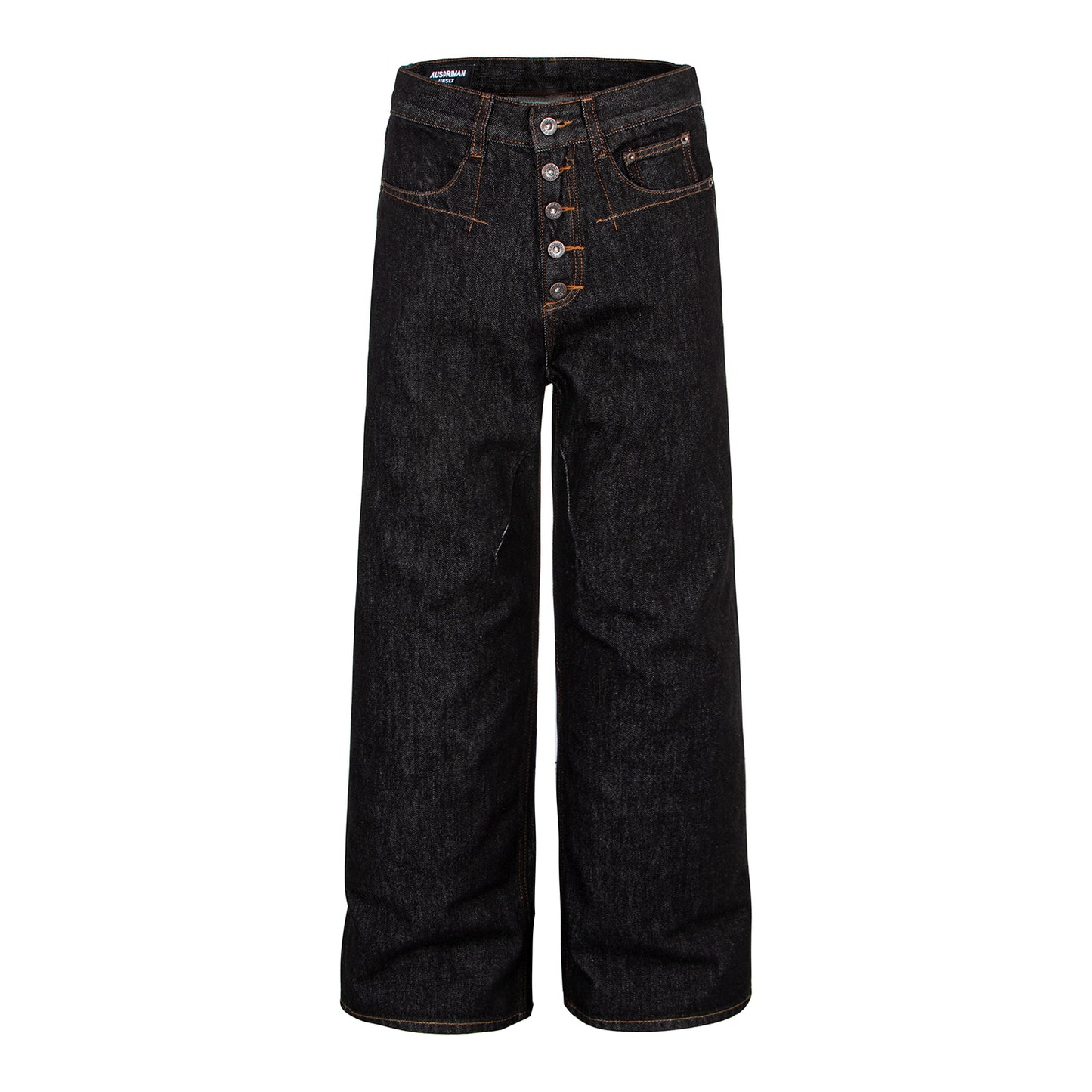 Retro Denim Pants with Gold Topstitching, Button Detail, Embroidered Back Pockets