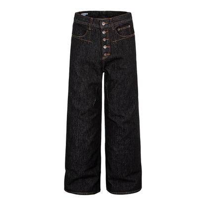 Retro Denim Pants with Gold Topstitching, Button Detail, Embroidered Back Pockets