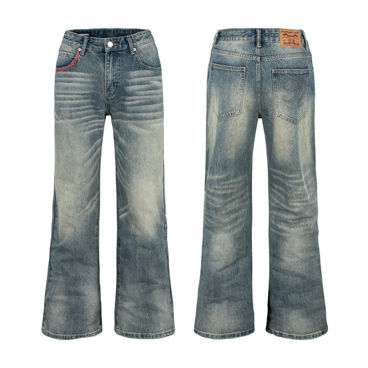Washed Distressed Cat Eye Denim Pants with Red Thread Pocket Embroidery