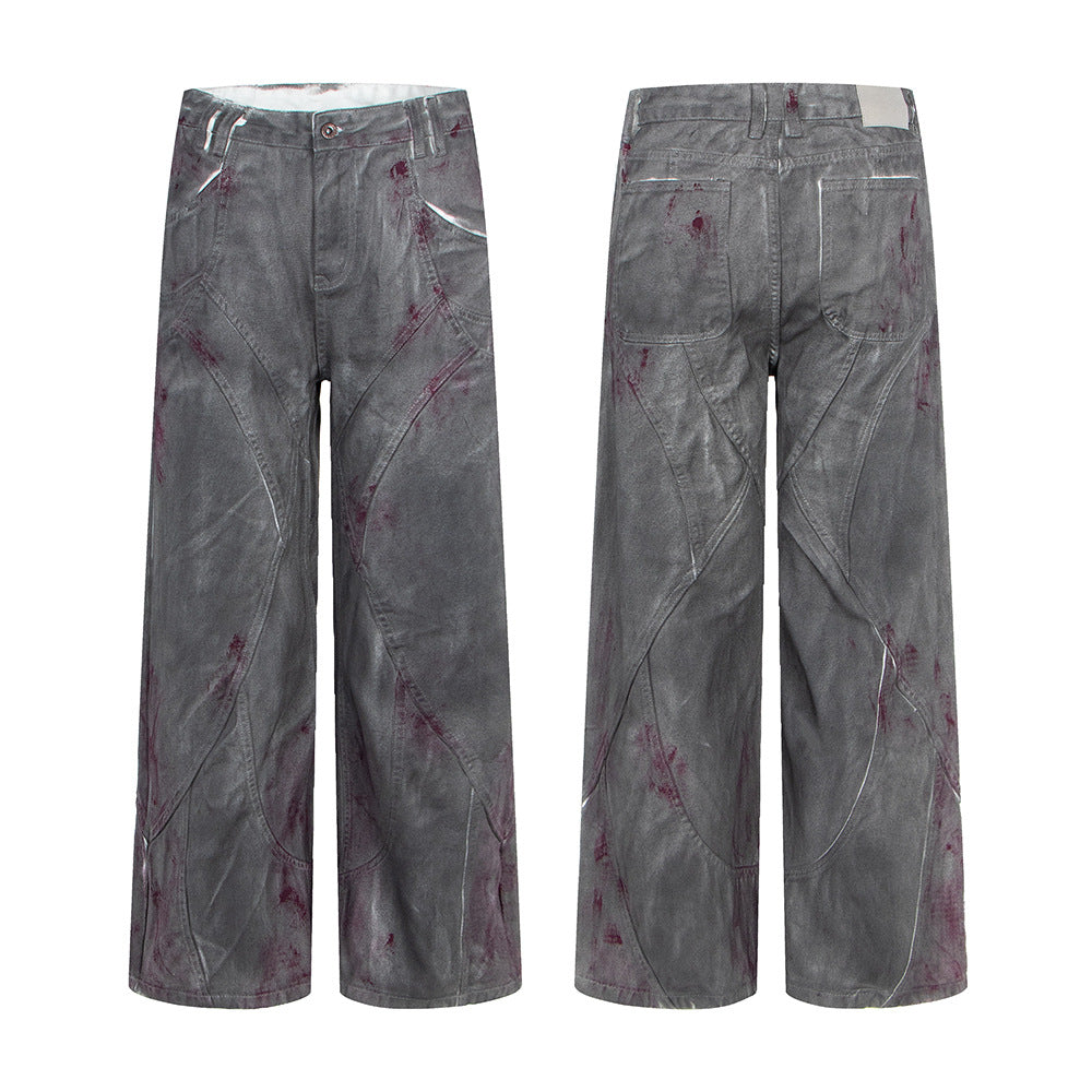 Distressed Dyed Denim Jeans, Trendy Brand, Loose Straight Leg Wide Leg Pants