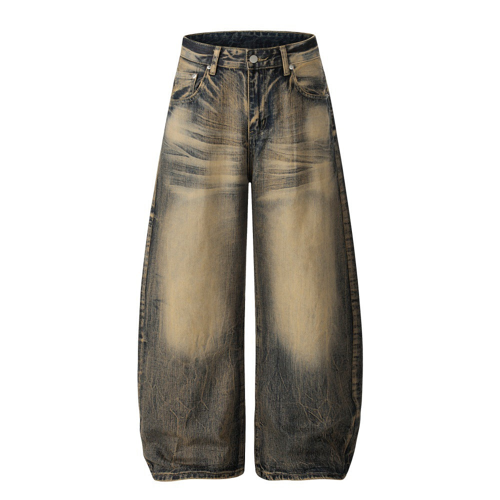 Color blocking white yellow mud dyed denim curved knife pants