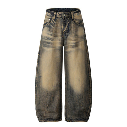 Color blocking white yellow mud dyed denim curved knife pants