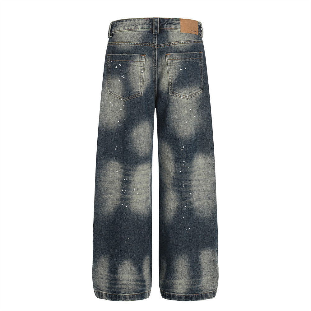 Color blocked white denim straight leg pants