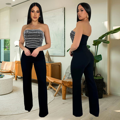 Style Summer Rhinestone Bodysuit, Sexy Strapless, Unique Straight Fit Solid Color Long Pants for Women