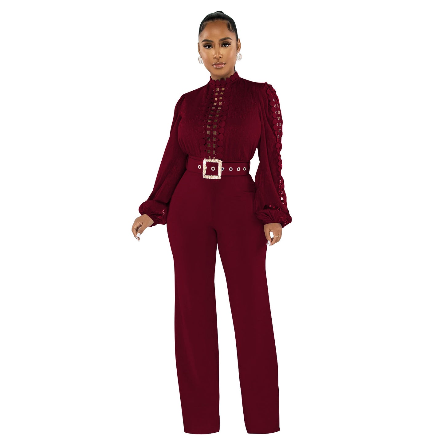 Solid Color Long Sleeve Belted Ruffle Cut-out Trousers Jumpsuit