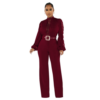 Solid Color Long Sleeve Belted Ruffle Cut-out Trousers Jumpsuit