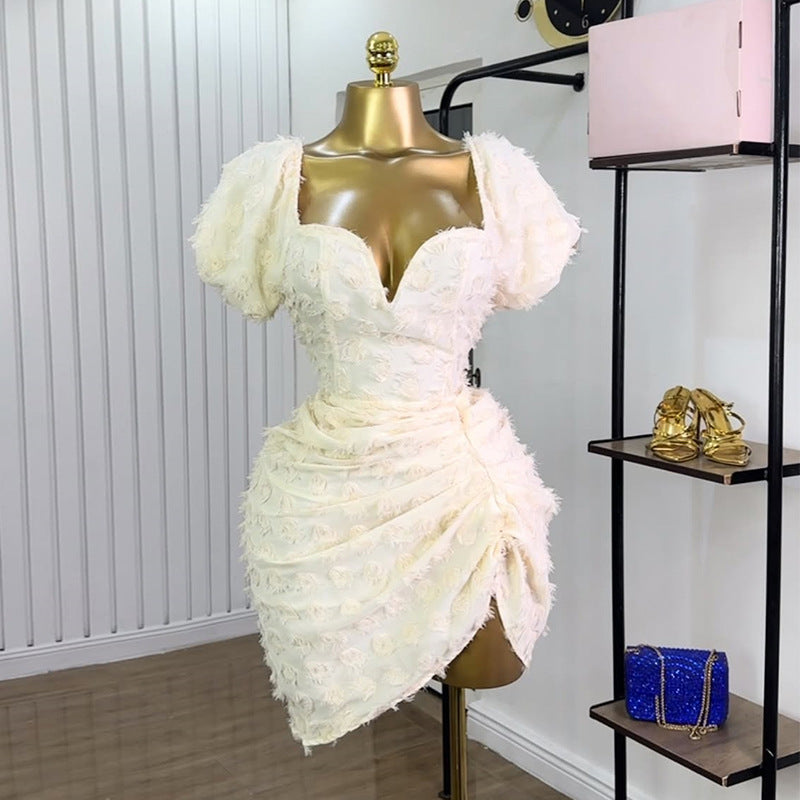 V-neck Bubble Sleeve High Waist Short Dress