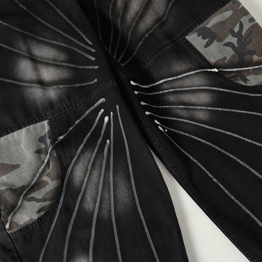 Camouflage color blocked denim wide leg pants