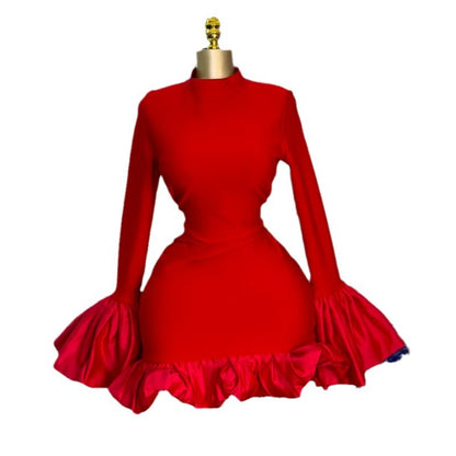 High-Neck Flared Sleeve High-Waisted Ruffle Fit-and-Flare Dress for Women