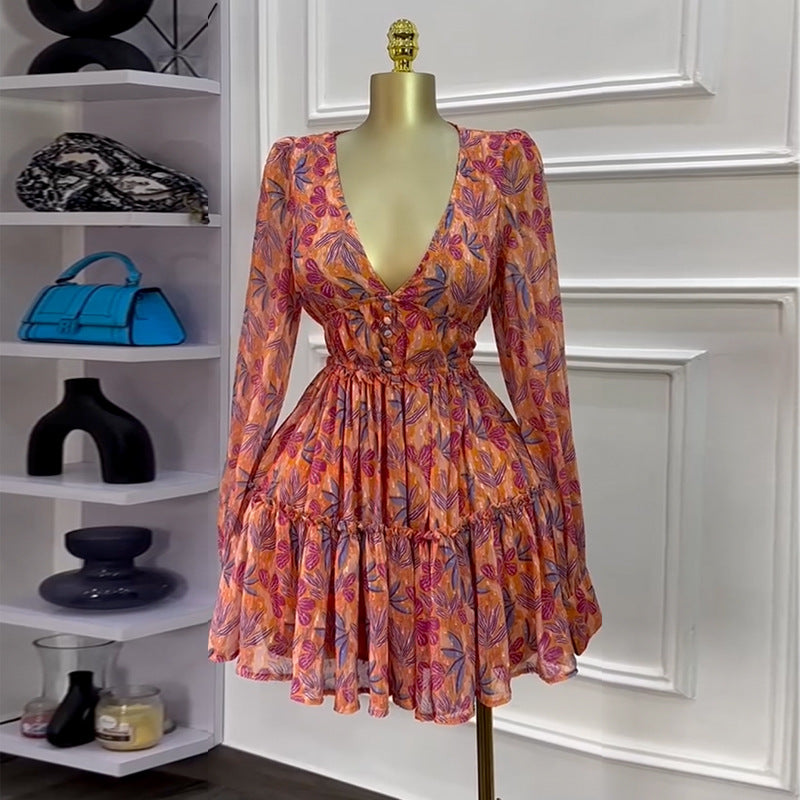 V-neck high waist slimming dress short skirt