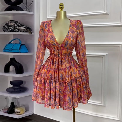 V-neck high waist slimming dress short skirt