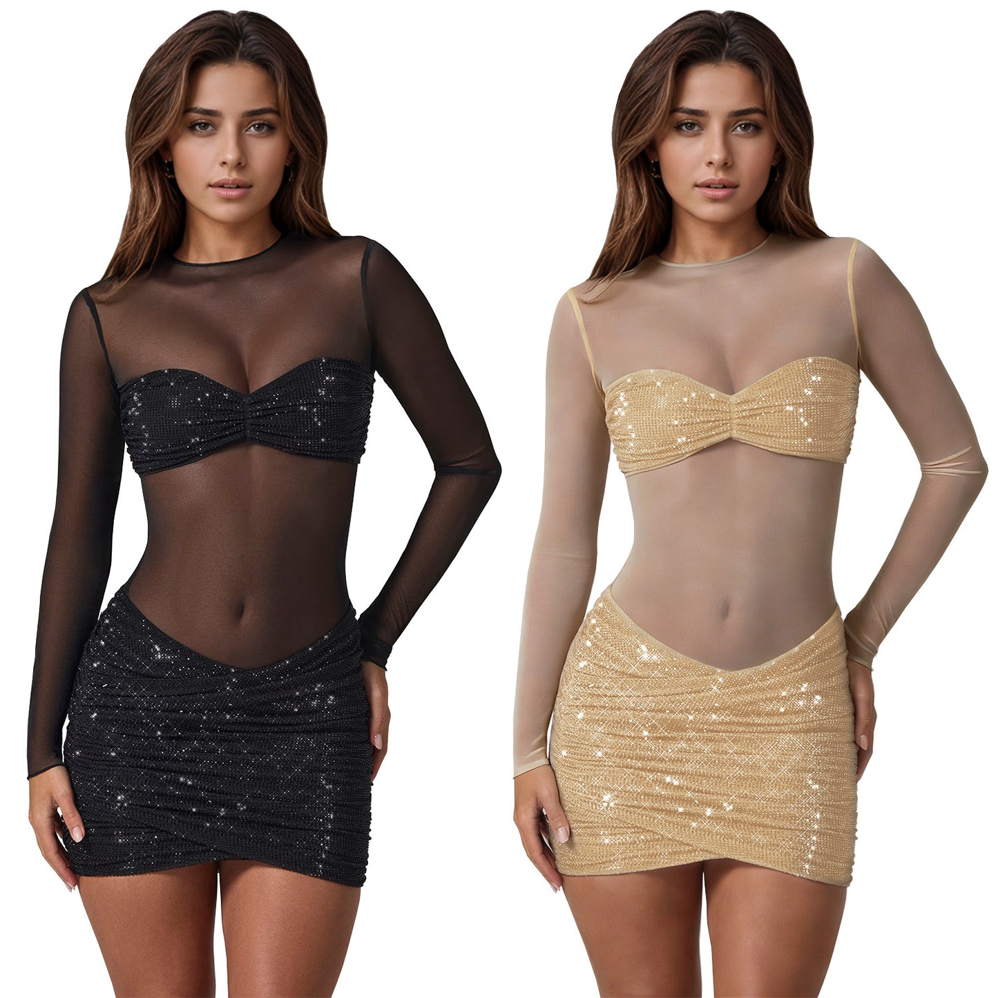 Fashion Women's Sexy Sheer Mesh Rhinestone Dress Mini Skirt