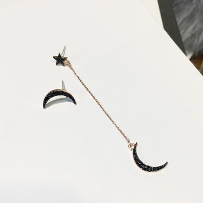 Black Diamond Star Moon Necklace & Asymmetrical Earrings