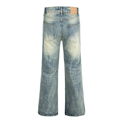 Washed Vintage Catwhisker Denim Pants with Lightning Pattern