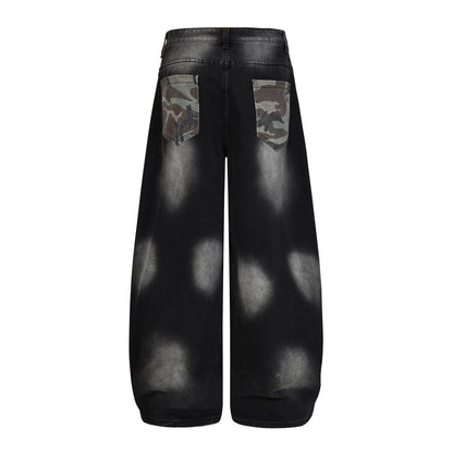 Camouflage color blocked denim wide leg pants