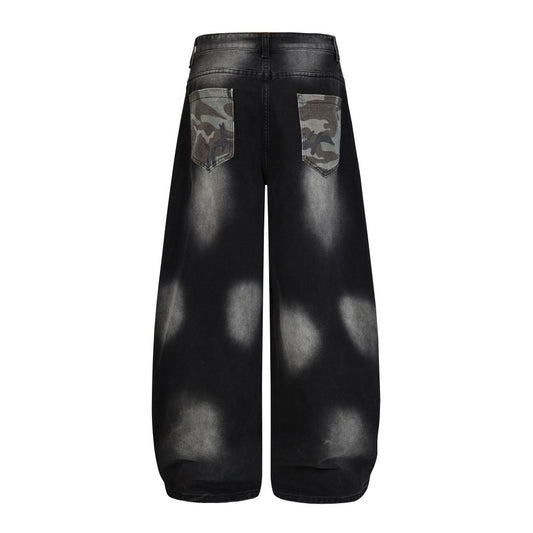 Camouflage color blocked denim wide leg pants