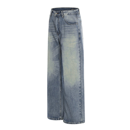 Washed and ground white denim wide leg pants