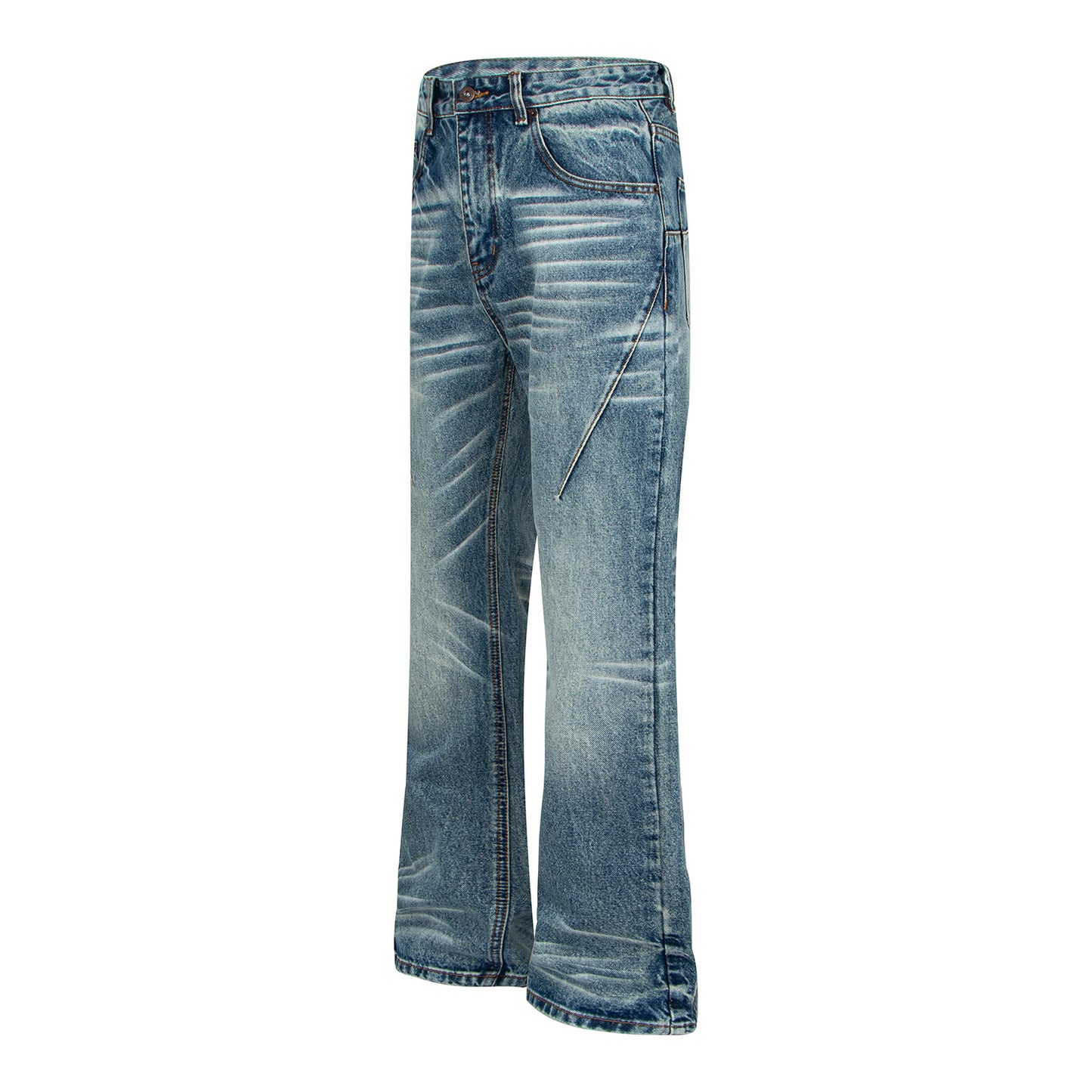 Vintage Washed Denim Jeans with Catwhisker and Bamboo Texture Patchwork
