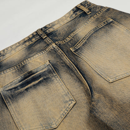 Color blocking white yellow mud dyed denim curved knife pants