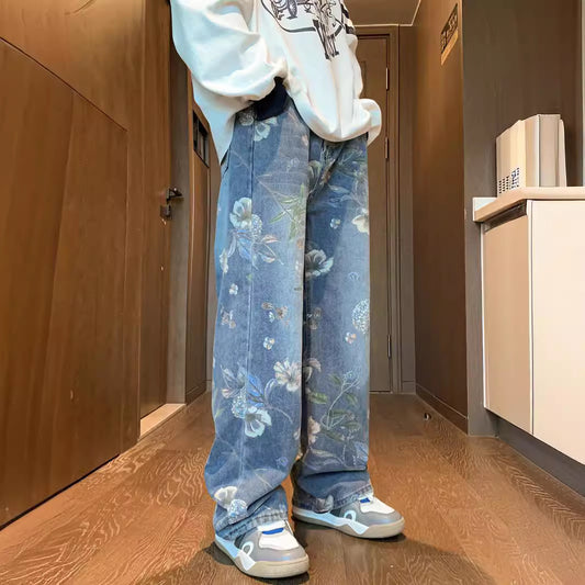 Street Print Denim Pants Men Autumn Trendy Vibe Style Loose Versatile Design Floor-Length Wide Leg Pants