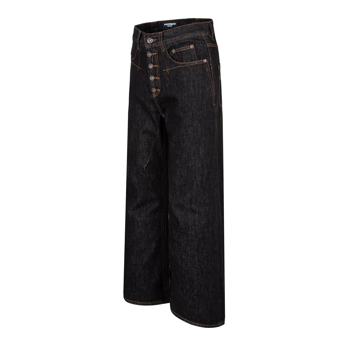 Retro Denim Pants with Gold Topstitching, Button Detail, Embroidered Back Pockets