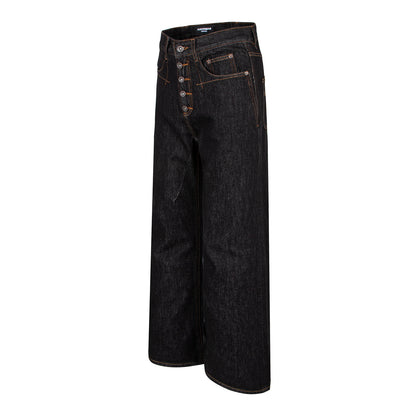 Retro Denim Pants with Gold Topstitching, Button Detail, Embroidered Back Pockets