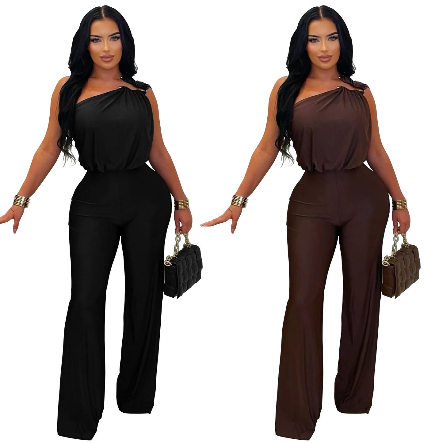 Fashion Women's Casual Off-Shoulder Sleeveless Bodycon Wide-Leg Jumpsuit