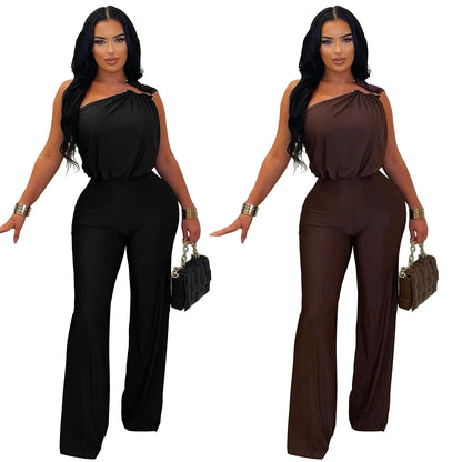 Fashion Women's Casual Off-Shoulder Sleeveless Bodycon Wide-Leg Jumpsuit