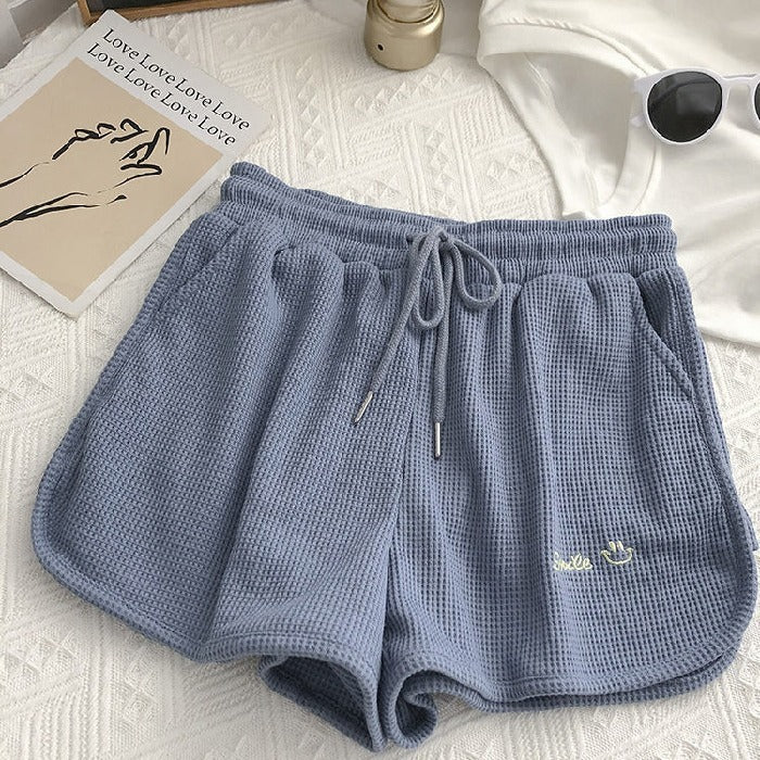 Waffle Knit Sweat Shorts for Women Summer Casual Loose High Waist Home Wear Wide Leg Hot Pants Outerwear