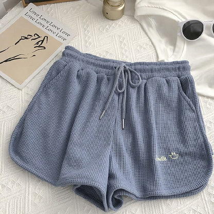 Waffle Knit Sweat Shorts for Women Summer Casual Loose High Waist Home Wear Wide Leg Hot Pants Outerwear