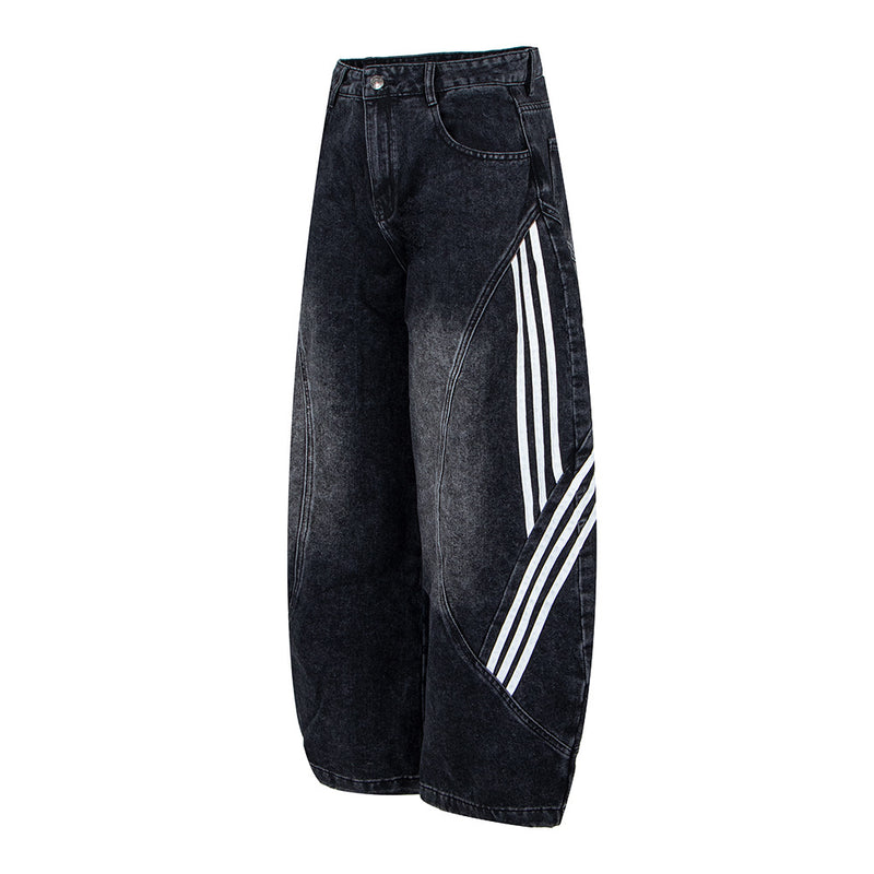 Retro Street Washed Three-Stripe Deconstructed Wide-Leg Jeans