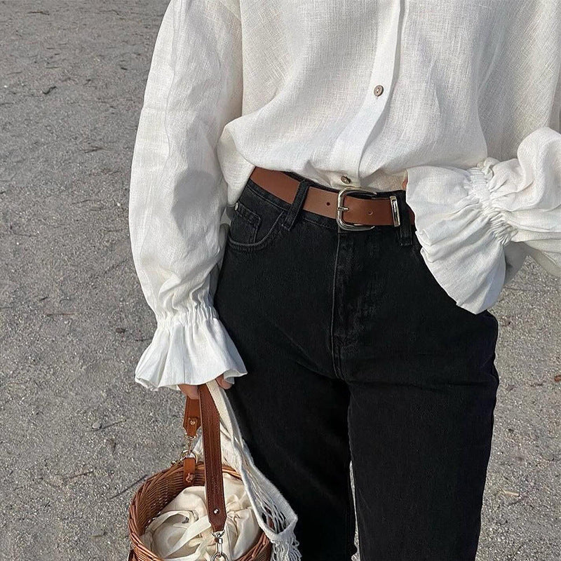 Loose collar long sleeved shirt for women