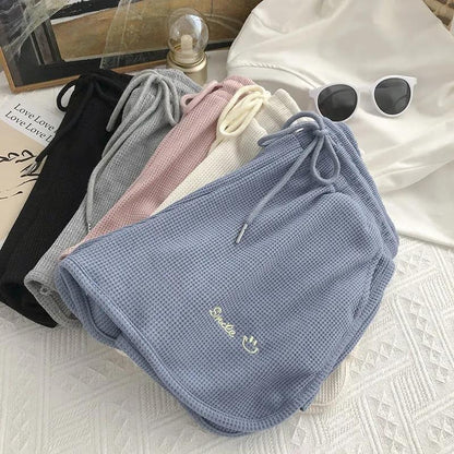 Waffle Knit Sweat Shorts for Women Summer Casual Loose High Waist Home Wear Wide Leg Hot Pants Outerwear