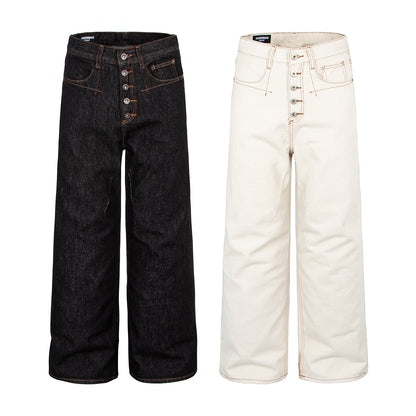 Retro Denim Pants with Gold Topstitching, Button Detail, Embroidered Back Pockets