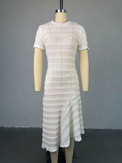 Half-High Neck Short Sleeve High-Waisted Slim-Fitting Midi Dress for Women