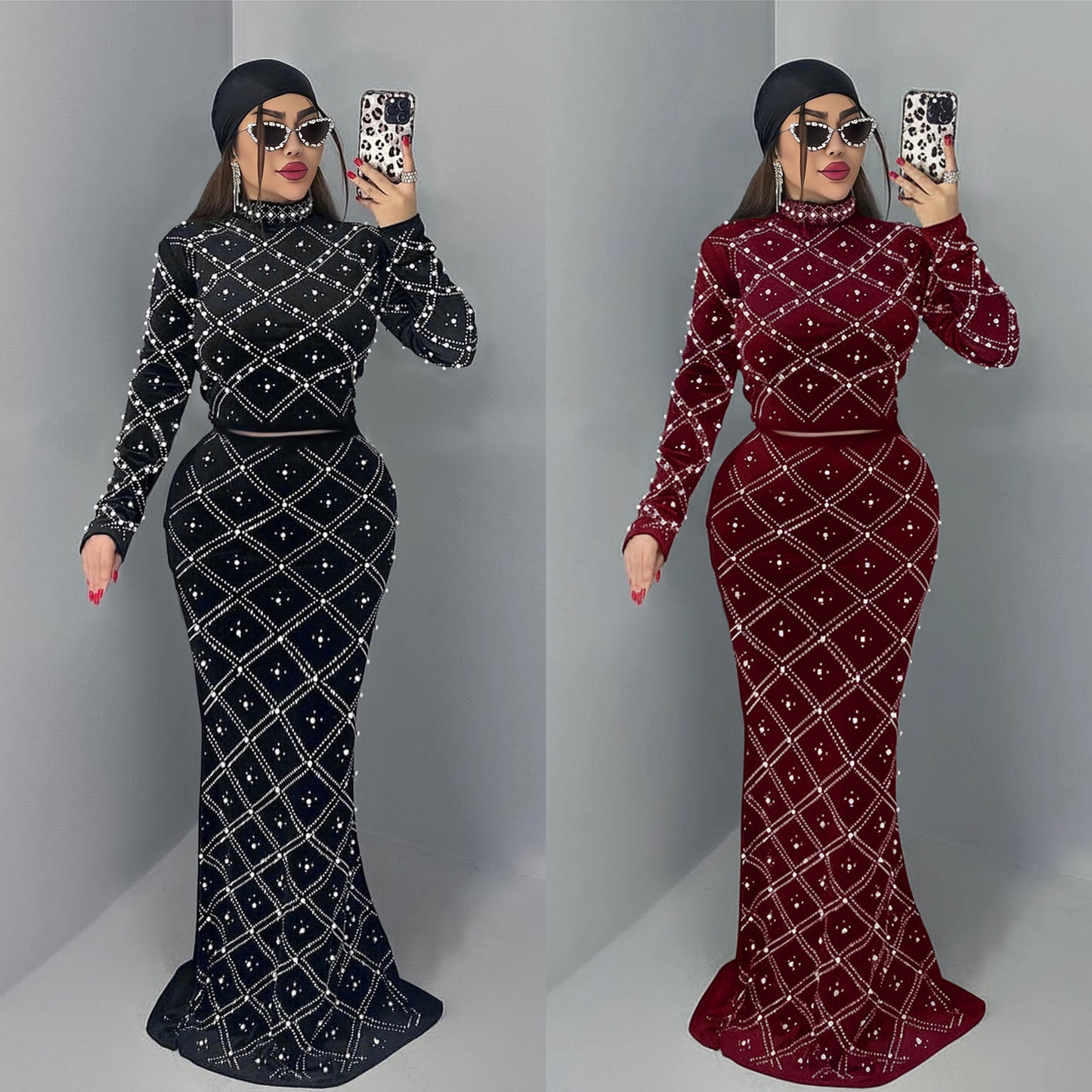 Fashion Women's Elegant Rhinestone Beaded Top and Long Dress Two-Piece Set